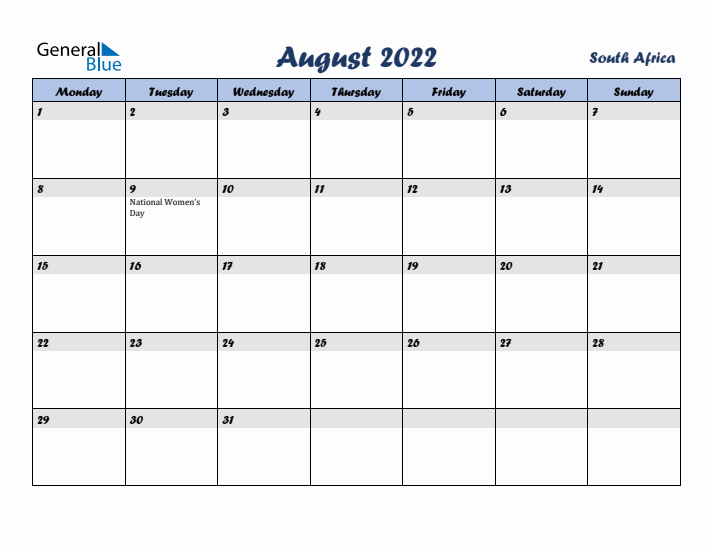August 2022 Calendar with Holidays in South Africa