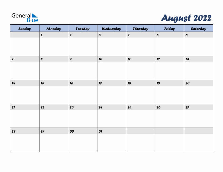August 2022 Blue Calendar (Sunday Start)