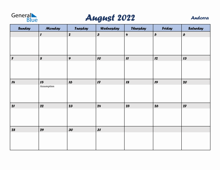 August 2022 Calendar with Holidays in Andorra