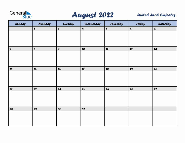August 2022 Calendar with Holidays in United Arab Emirates