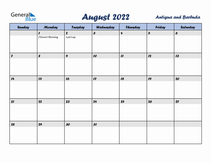 August 2022 Calendar with Holidays in Antigua and Barbuda