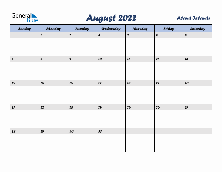 August 2022 Calendar with Holidays in Aland Islands