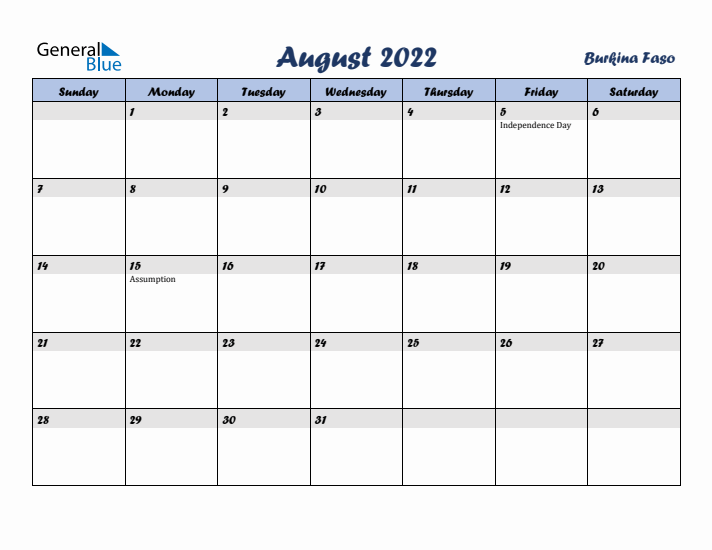August 2022 Calendar with Holidays in Burkina Faso