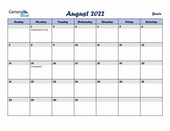 August 2022 Calendar with Holidays in Benin