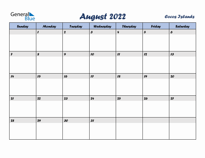 August 2022 Calendar with Holidays in Cocos Islands