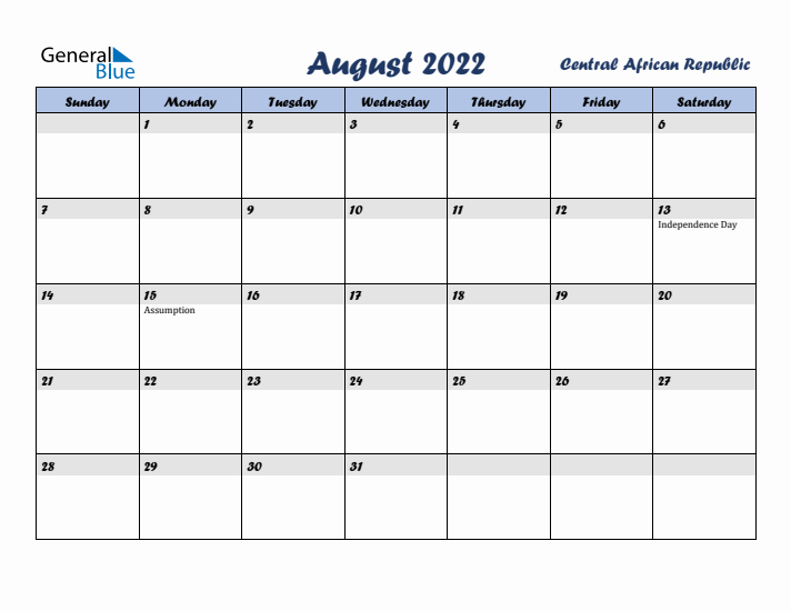 August 2022 Calendar with Holidays in Central African Republic
