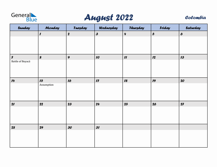 August 2022 Calendar with Holidays in Colombia