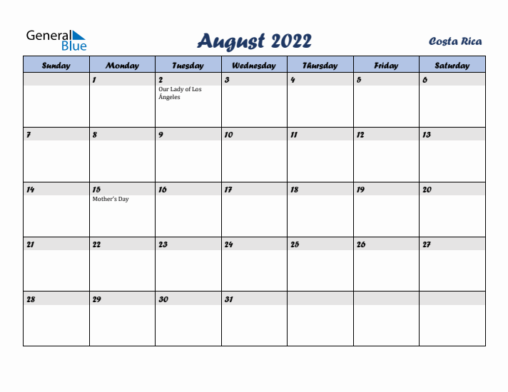 August 2022 Calendar with Holidays in Costa Rica