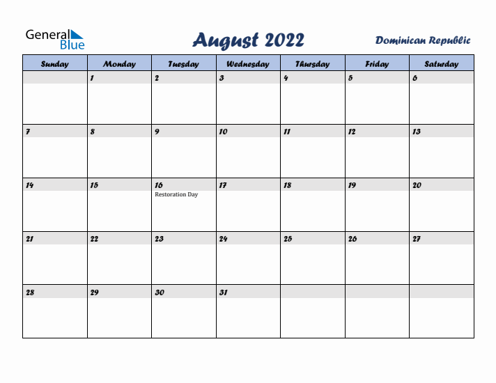 August 2022 Calendar with Holidays in Dominican Republic