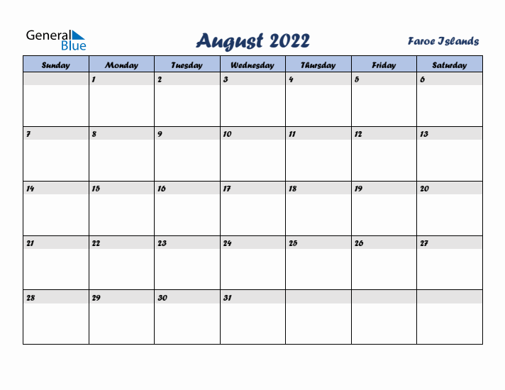 August 2022 Calendar with Holidays in Faroe Islands