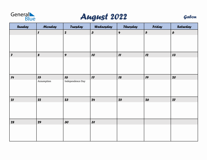 August 2022 Calendar with Holidays in Gabon