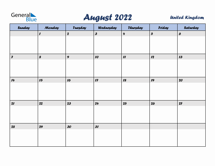 August 2022 Calendar with Holidays in United Kingdom