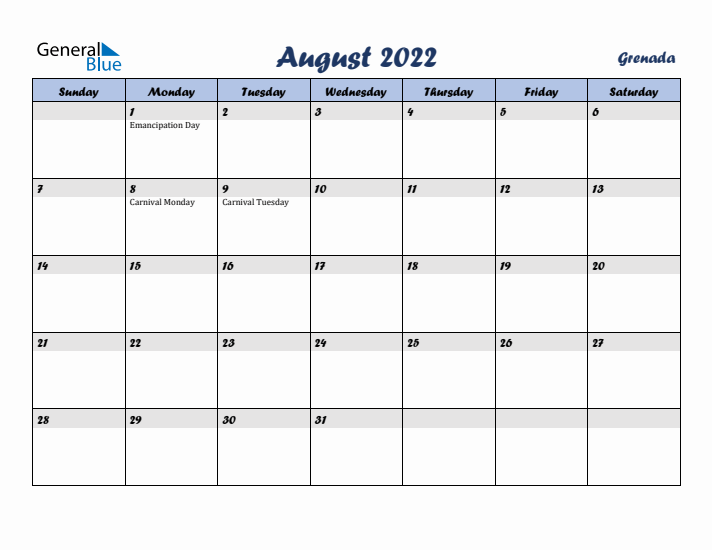 August 2022 Calendar with Holidays in Grenada