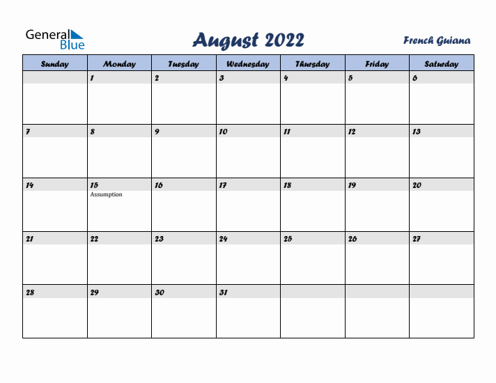 August 2022 Calendar with Holidays in French Guiana