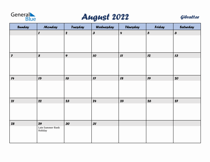 August 2022 Calendar with Holidays in Gibraltar