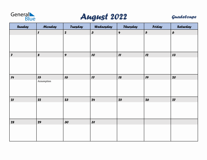 August 2022 Calendar with Holidays in Guadeloupe