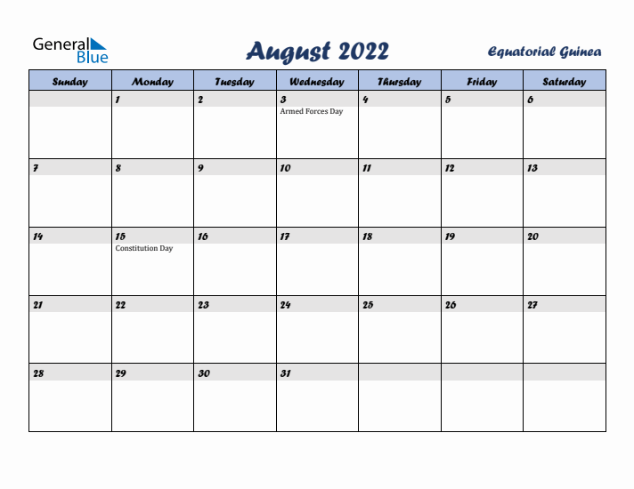 August 2022 Calendar with Holidays in Equatorial Guinea