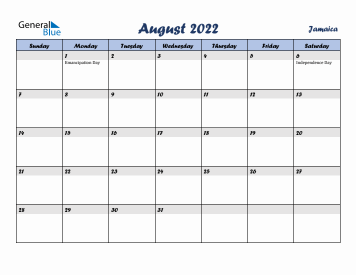 August 2022 Calendar with Holidays in Jamaica