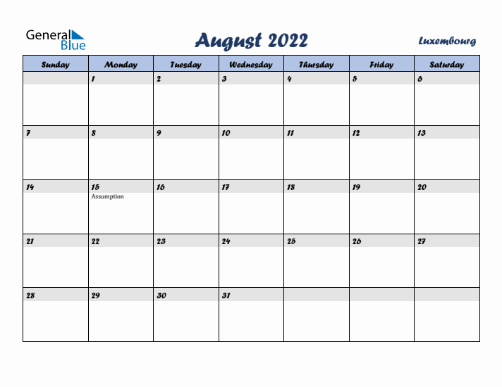 August 2022 Calendar with Holidays in Luxembourg