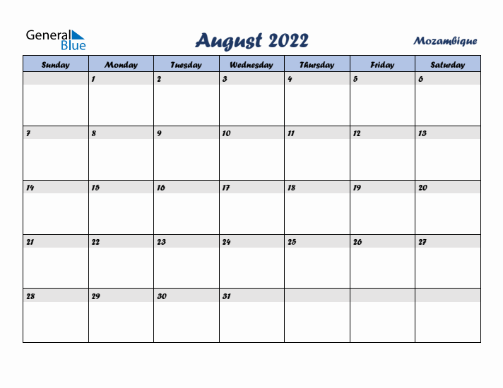 August 2022 Calendar with Holidays in Mozambique