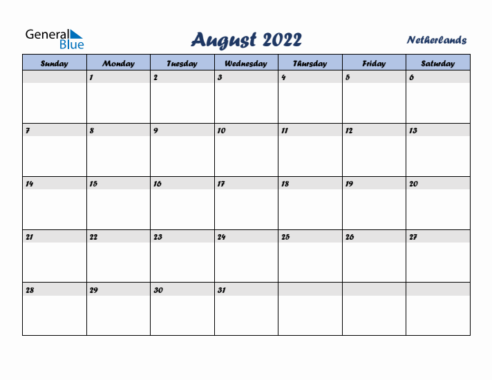 August 2022 Calendar with Holidays in The Netherlands