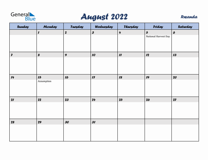 August 2022 Calendar with Holidays in Rwanda