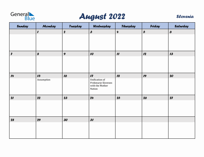 August 2022 Calendar with Holidays in Slovenia