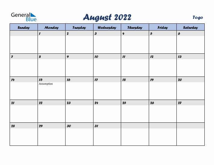 August 2022 Calendar with Holidays in Togo