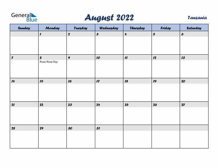 August 2022 Calendar with Holidays in Tanzania