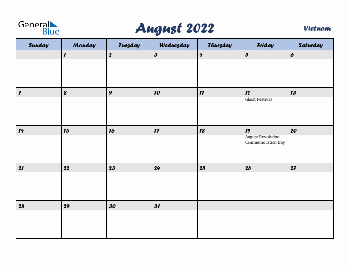 August 2022 Calendar with Holidays in Vietnam
