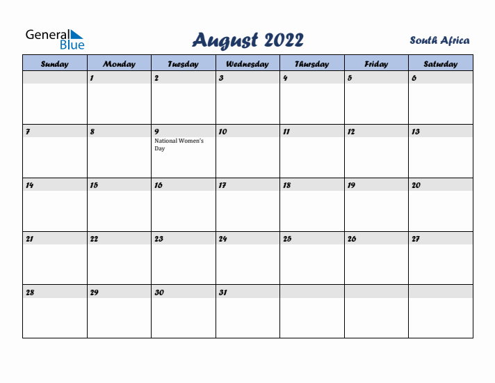 August 2022 Calendar with Holidays in South Africa