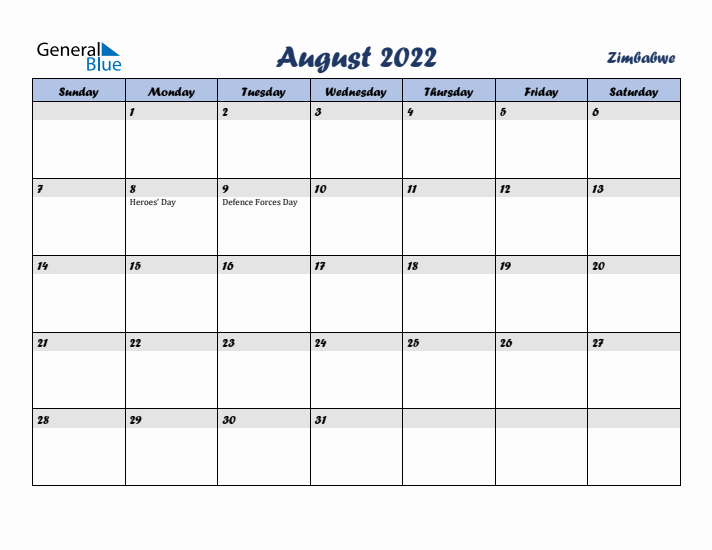 August 2022 Calendar with Holidays in Zimbabwe