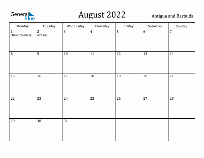 August 2022 Calendar Antigua and Barbuda