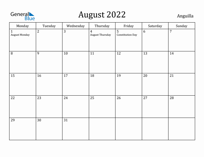 August 2022 Calendar Anguilla