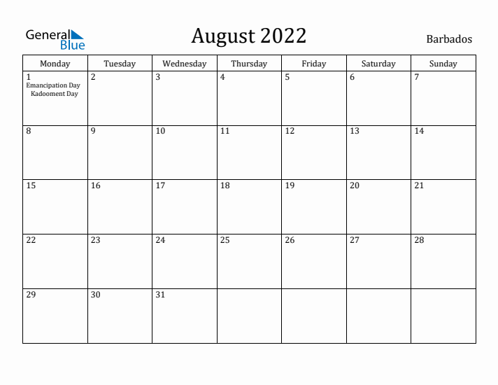 August 2022 Calendar Barbados