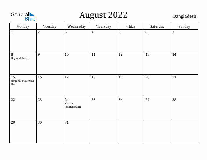 August 2022 Calendar Bangladesh