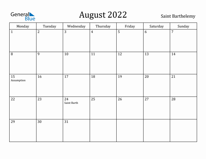 August 2022 Calendar Saint Barthelemy