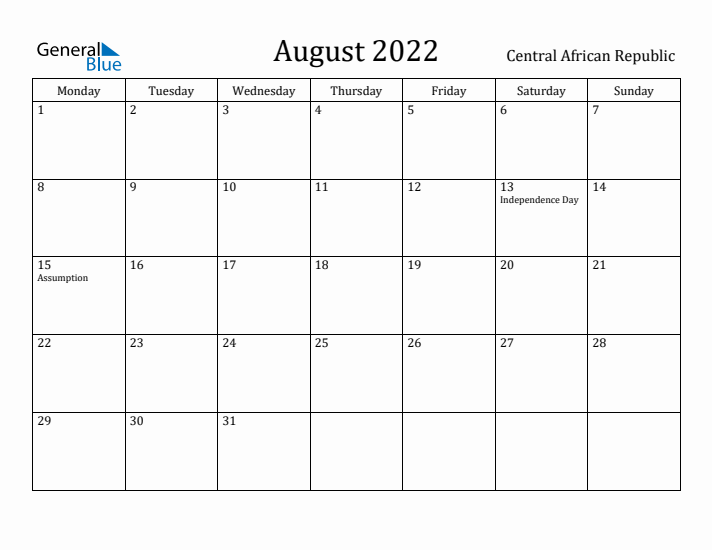 August 2022 Calendar Central African Republic