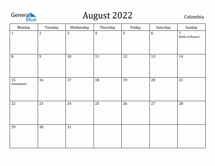 August 2022 Calendar Colombia