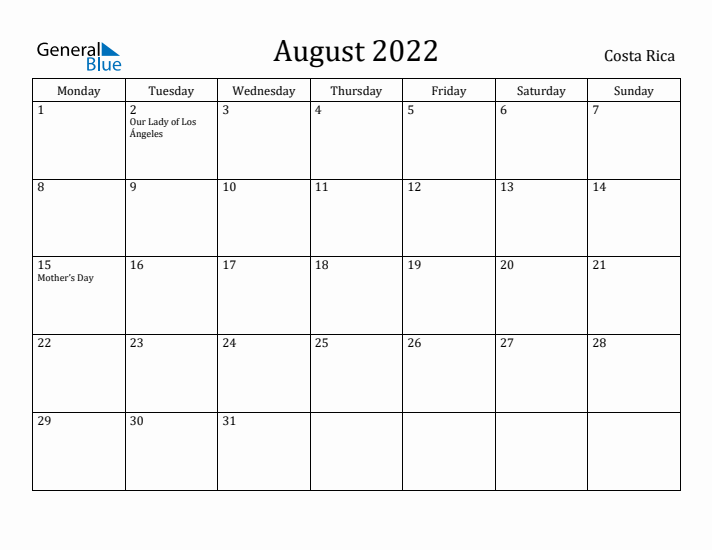 August 2022 Calendar Costa Rica