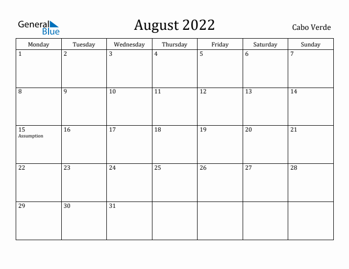 August 2022 Calendar Cabo Verde