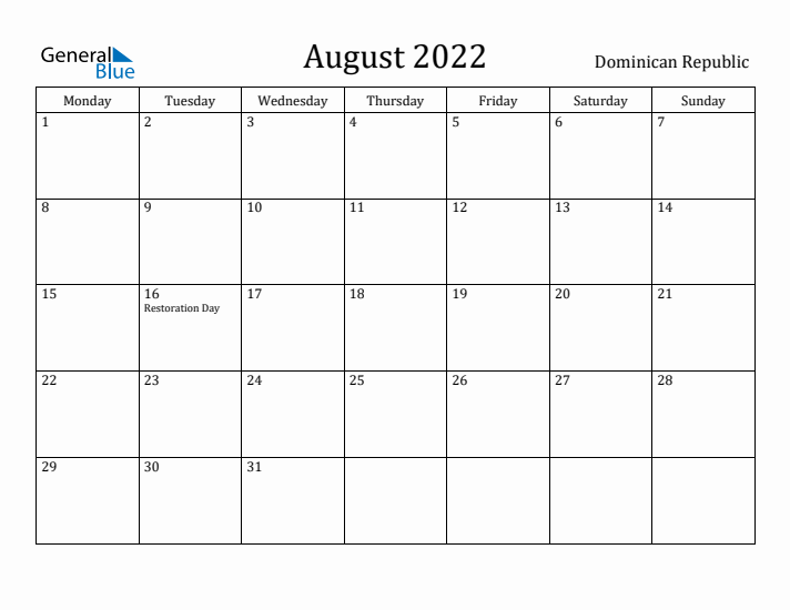 August 2022 Calendar Dominican Republic