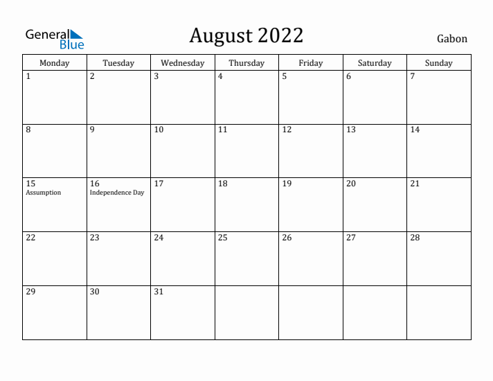August 2022 Calendar Gabon