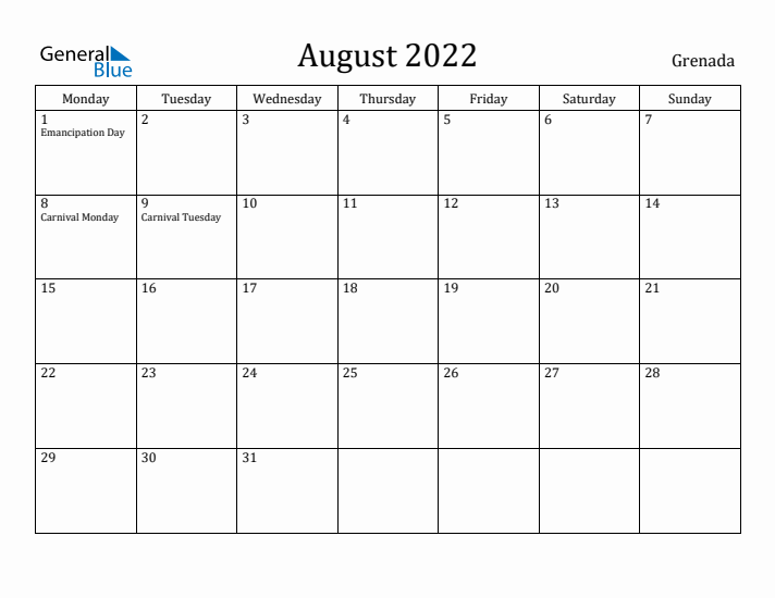 August 2022 Calendar Grenada