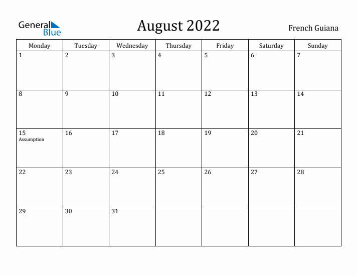 August 2022 Calendar French Guiana