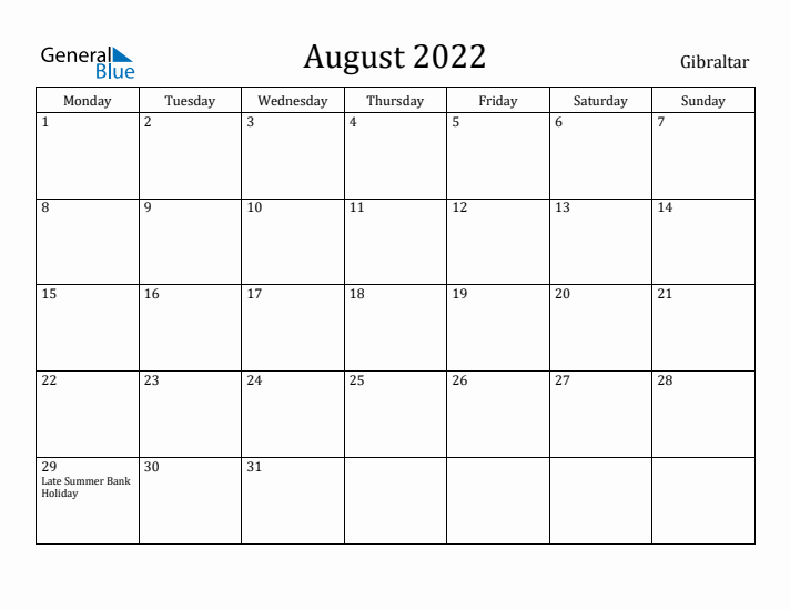 August 2022 Calendar Gibraltar