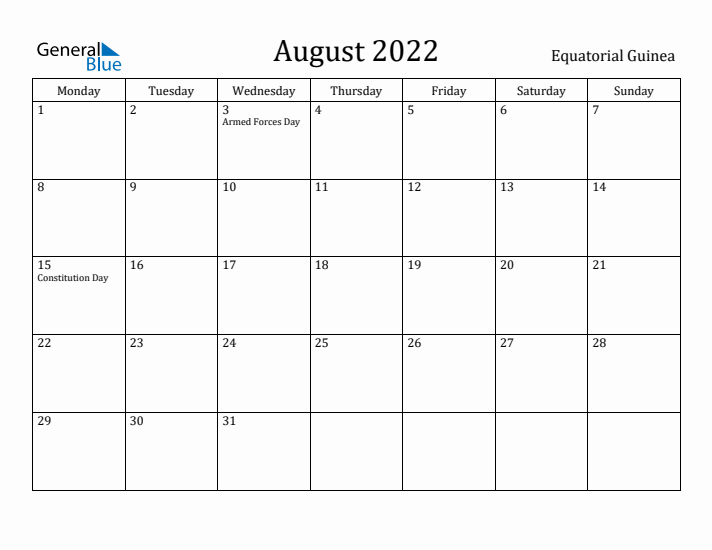 August 2022 Calendar Equatorial Guinea