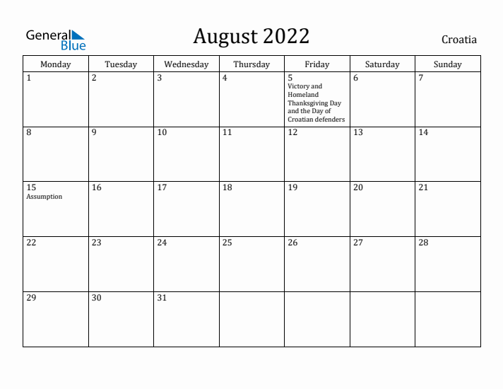 August 2022 Calendar Croatia