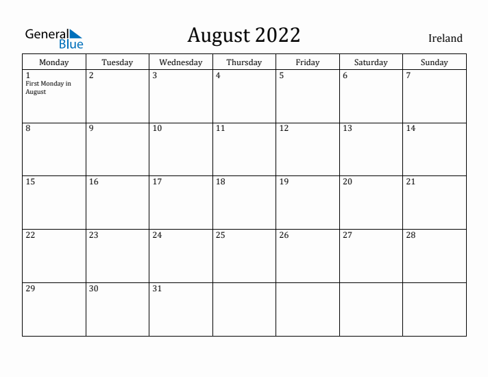 August 2022 Calendar Ireland
