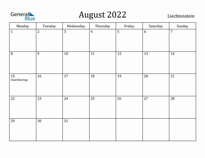 August 2022 Calendar Liechtenstein